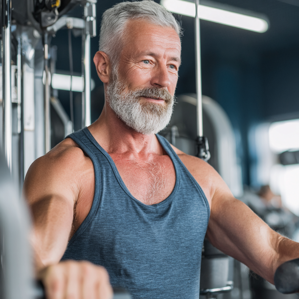 Smiling middle-aged Ukrainian woman in sportswear doing stretching exercise in modern fitness studio