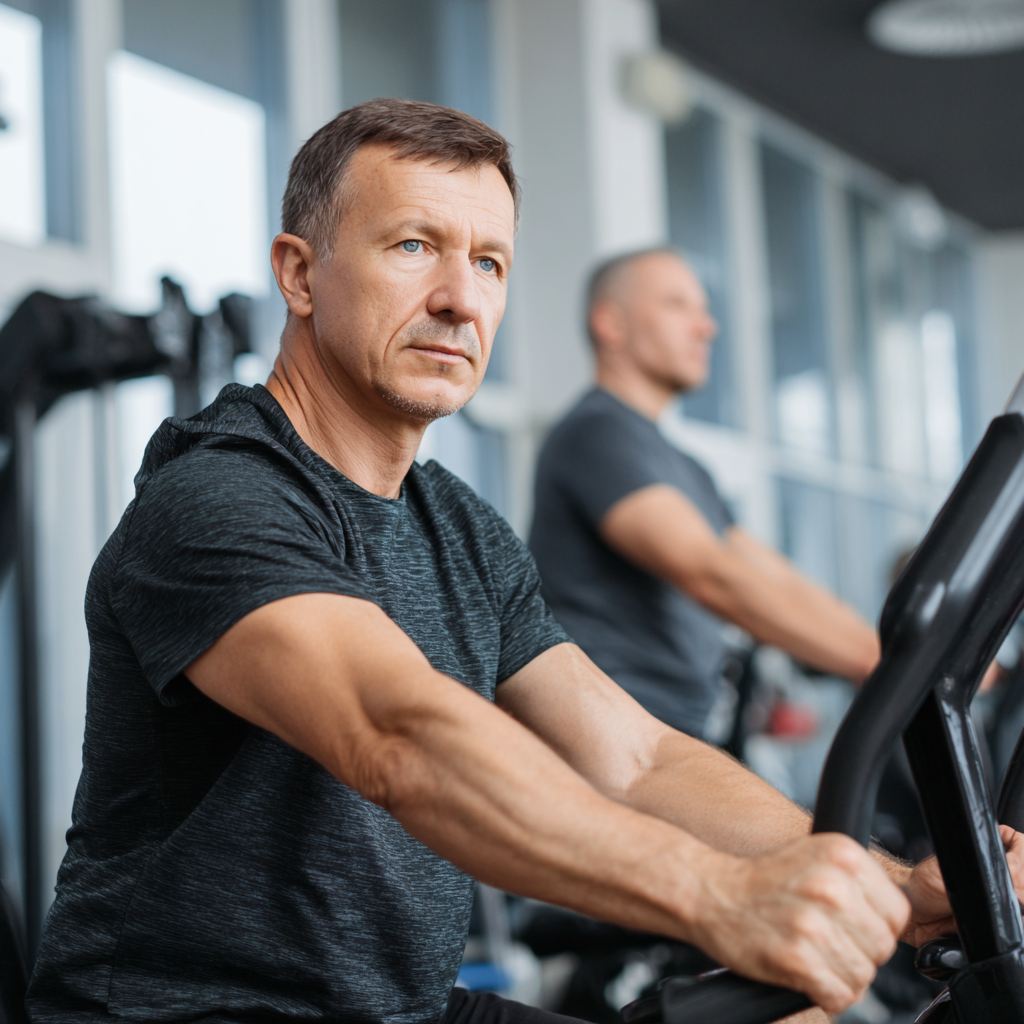 Elderly Ukrainian man performing gentle flexibility exercises outdoors in park setting with natural lighting